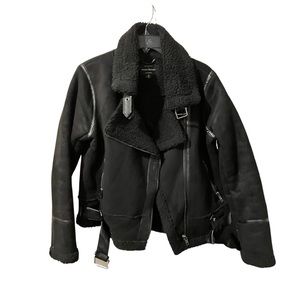 BLACK FAUX FUR SUEDE MOTO JACKET BIKER COAT